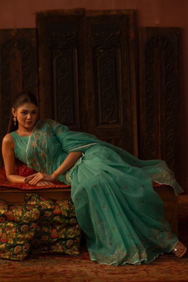 Half Silk Embroidered Floral Sari